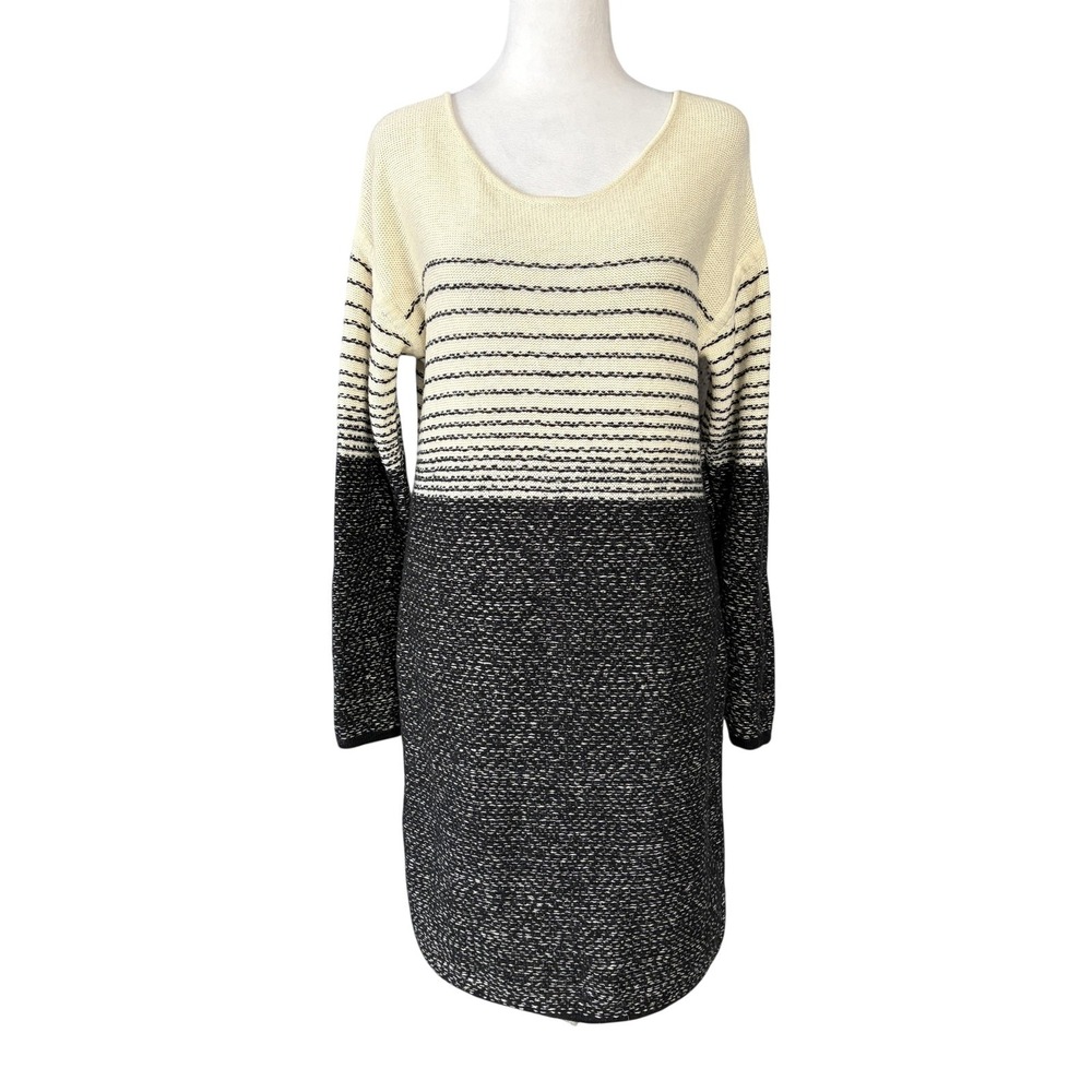 Athleta Sweater Dress Womens M Black Cream Colorblock Merino Wool Long Sleeve